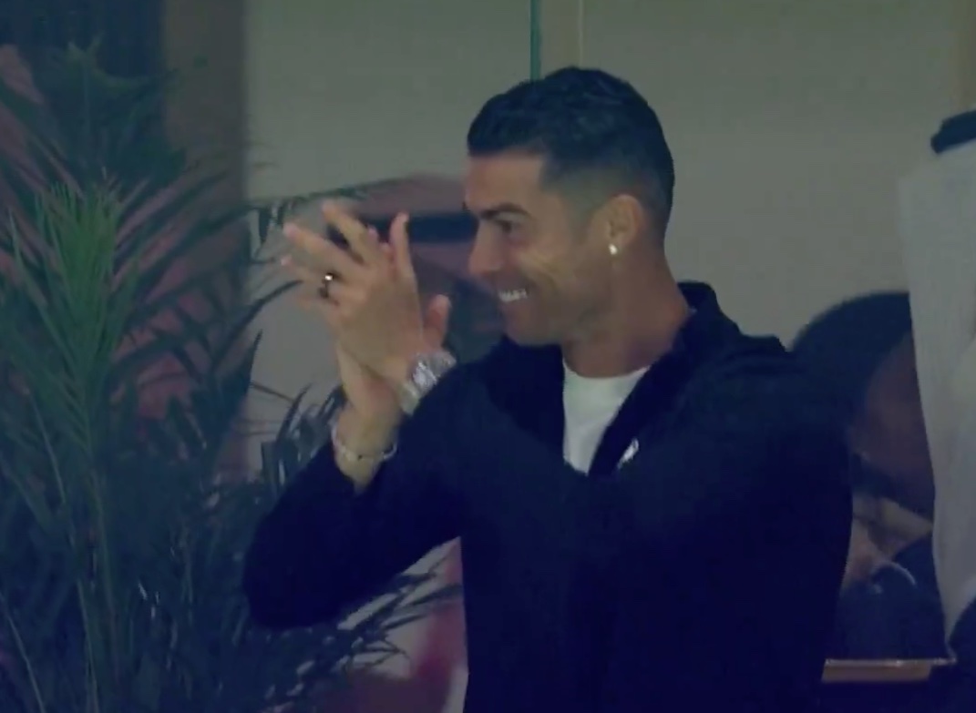 Al Nassr captain Cristiano Ronaldo pictured applauding from the stands during his team's 6-0 win over Inter Miami in February 2024